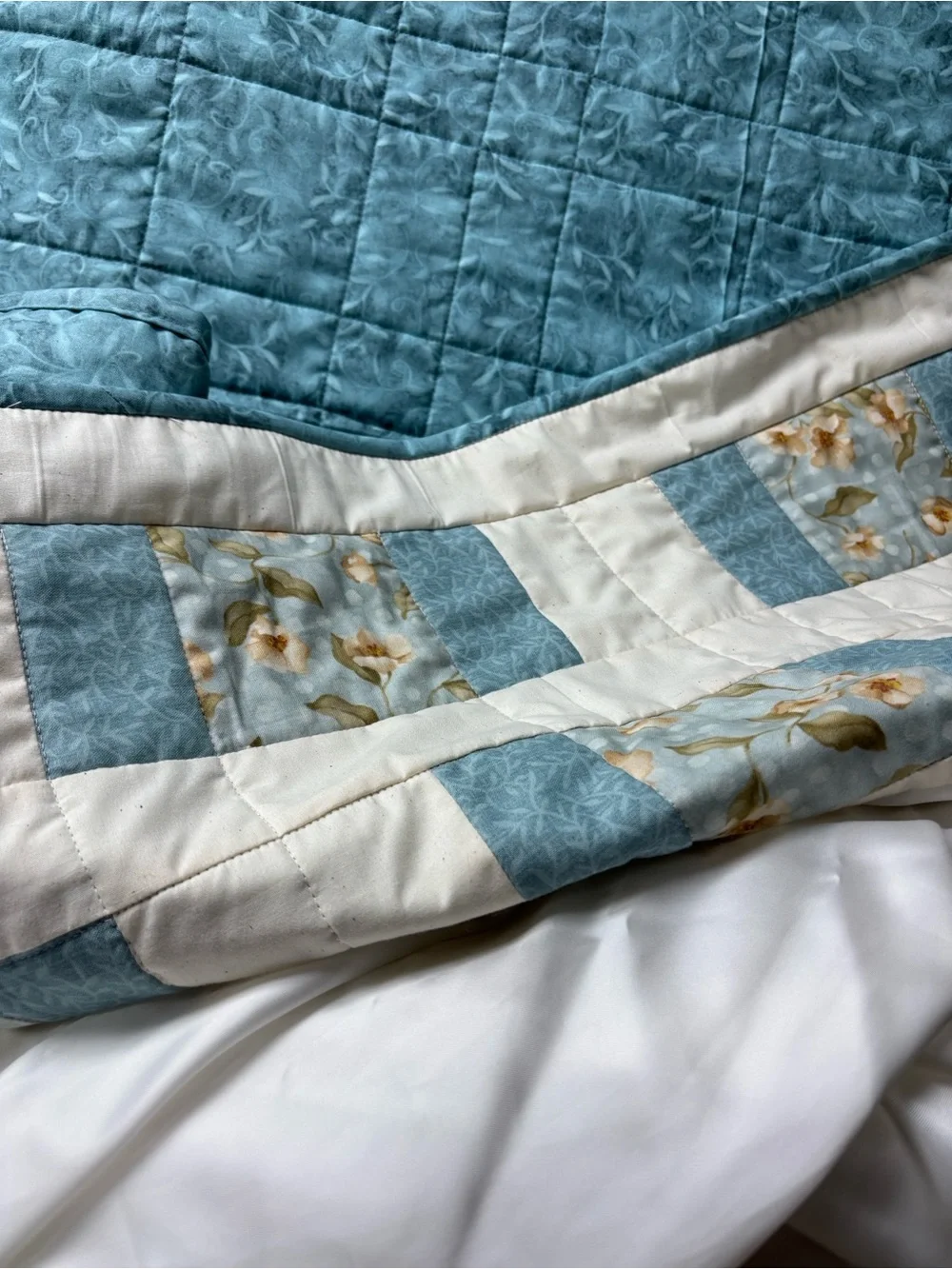 Light Teal & Cream Patchwork Small Quilt